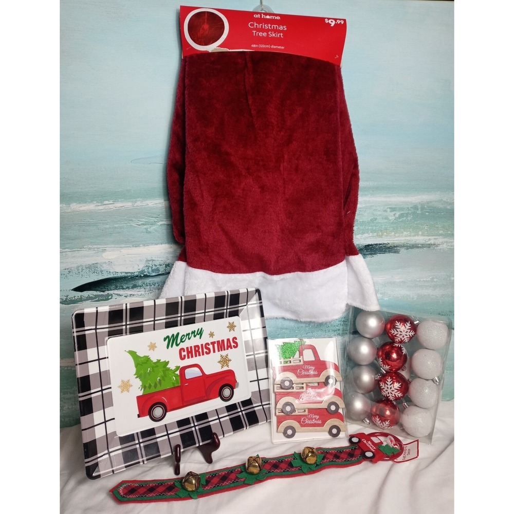 Christmas Ornament Lot With Tree Skirt Country Red Truck Serving Tray